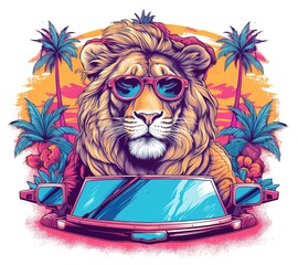 lion head with sportscar wearing sunglasses and covered in tatoos, hand drawn, vibrant colors