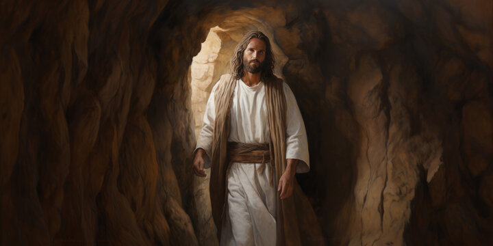 Jesus Christ emerging from a stone cave door, depicted in the style of tenebrism mastery, large-scale figuration, with light brown and white tones, presenting a realistic depiction of light.