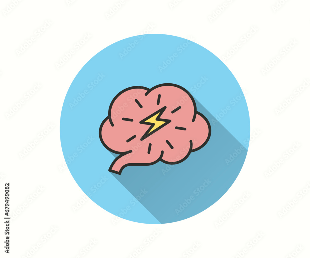 Poster stroke brain icon with long shadow for graphic and web design.