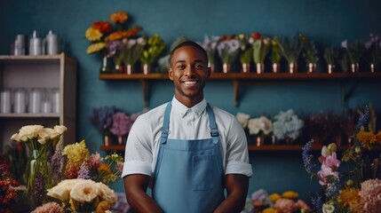 Young attractive African American male smiling looking at camera in his flowers shop, small business entrepreneur man happy open floral flowers services, florist owner wearing apron good services mind