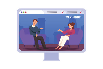 TV show with guest on the screen, vector celebrity male character giving interview to television presenter in studio