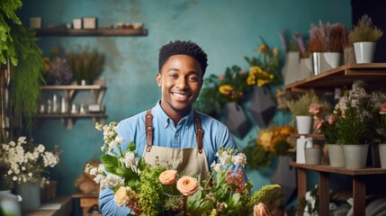 Young attractive African American male smiling looking at camera in his flowers shop, small business entrepreneur man happy open floral flowers services, florist owner wearing apron good services mind