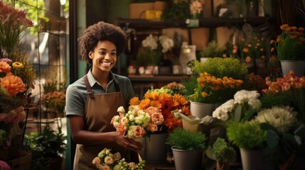 Fototapeta premium Young attractive African American male smiling looking at camera in his flowers shop, small business entrepreneur man happy open floral flowers services, florist owner wearing apron good services mind