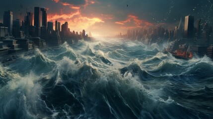 a fictional cityscape being submerged by a digital tsunami - obrazy, fototapety, plakaty