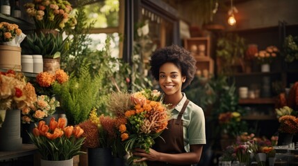 Young attractive African American male smiling looking at camera in his flowers shop, small business entrepreneur man happy open floral flowers services, florist owner wearing apron good services mind - obrazy, fototapety, plakaty