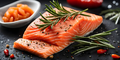 Fresh salmon pieces, pepper, rosemary leaves on stone plate on dark background.