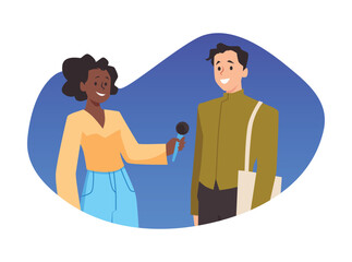 Journalist or blogger conducting an interview or public survey, vector isolated.