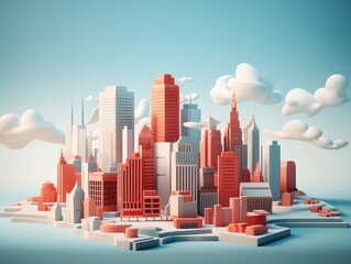 city. Model. White and red color. 3D style imitation.