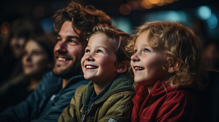 Joyful family in the cinema watching an exciting movie