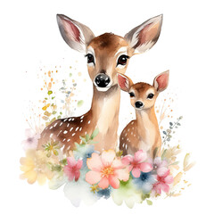 Cute mom and baby deer with flower Illustration, Generative Ai