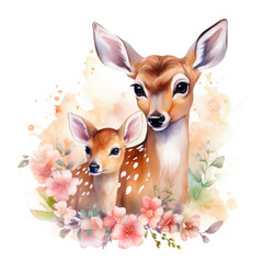 Cute mom and baby deer with flower Illustration, Generative Ai