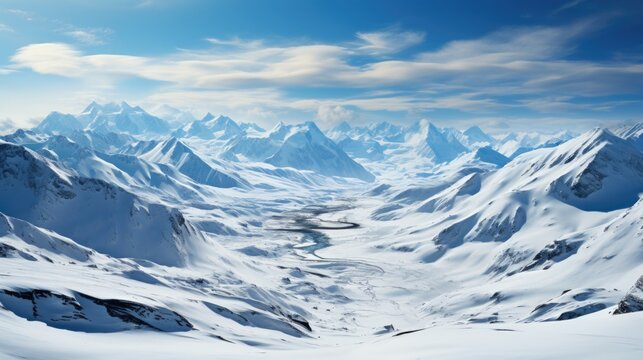 white snow ski slope, no signs, horizon line in the middle of the image, mountain background with snow, clear sky