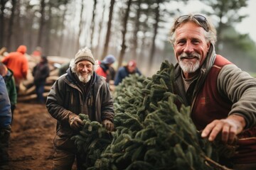 Man smiling and holding Christmas tree in farm