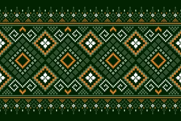 Fotobehang Green Cross stitch colorful geometric traditional ethnic pattern Ikat seamless pattern border abstract design for fabric print cloth dress carpet curtains and sarong Aztec African Indian Indonesian © Happy.Panda789