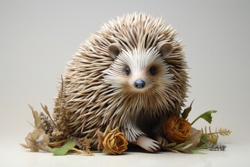 A charming hedgehog with quills curled up on a white surface. Generative AI - obrazy, fototapety, plakaty