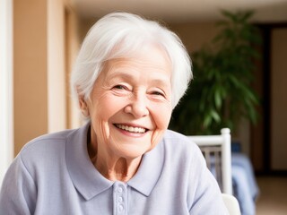 Fototapeta na wymiar Beautiful Elderly Woman Smiling for Healthy Lifestyle, Happy Retirement, and Nursing Home Concept