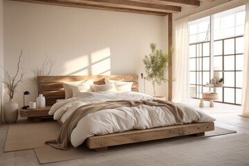 Fototapeta na wymiar wooden bed in a minimalistic boho styled bedroom
