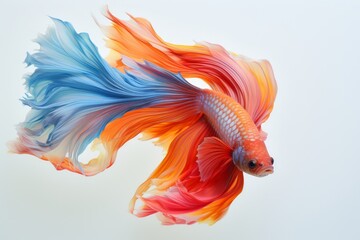 A colorful betta fish in a graceful swim in front of a minimalist white backdrop. Generative AI - obrazy, fototapety, plakaty