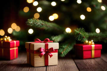 Christmas gift box, food decor and fir tree branc