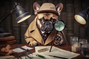 A French Bulldog as a detective, investigating clues with a magnifying glass on a white background