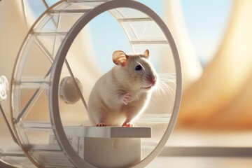 A mischievous hamster enjoying a wheel in a clean, white habitat. Generative AI