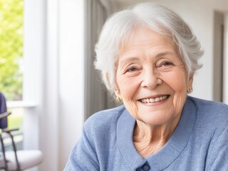 Fototapeta na wymiar Laughing Elderly Woman for Dental, Healthy Lifestyle, Mental Wellness and Nursing Home Concept