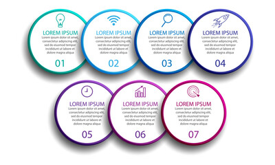 Vector simple Business Infographic design template with color lines, icons, numbers and 7 options or steps. Can be used for process diagrams, presentations, workflow layouts, banners, flowcharts,