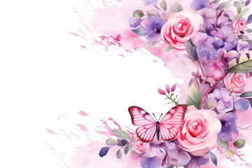Valentine's Day Watercolor Bliss: Gentle Pink-Purple Website Background Featuring Watercolor Roses and Butterflies, Crafting an Enchanting Canvas Perfect for Expressing Love and Romance 
