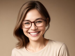 Smiling Woman in Glasses for Facial, Dental, and Hair Care Advertorial