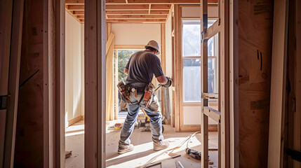 Naklejka na ściany i meble A Worker installing door, a worker working in a new house, a house under construction