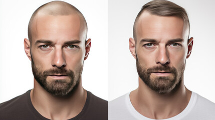 A man without hair, and with hair. Treatment of baldness. Photo before after. - obrazy, fototapety, plakaty