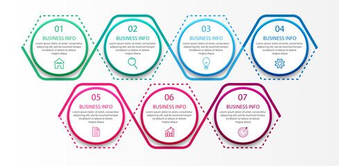 Vector simple Business Infographic design template with color lines, icons, numbers and 7 options or steps. Can be used for process diagrams, presentations, workflow layouts, banners, flowcharts,