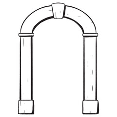 Ink hand-drawn vector. Wooden arch serving as an entrance to a shop or restaurant. Antique exterior element. Open passage. Elegant flowerless wedding arch with oak texture. A ceremonial highlight