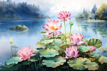 watercolor painting of lotus flowers and leaves with a lake background, a calm and harmonious color combination. generative ai