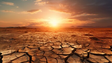 Stunning sunset over a dried out field. The golden sun casts a warm glow over the cracked earth,...