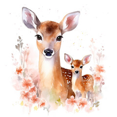 Cute mom and baby deer with flower Illustration, Generative Ai