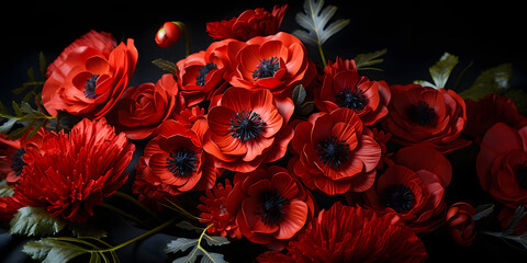 Red poppy flower on black background. Remembrance Day, Armistice Day, Anzac day symbol 