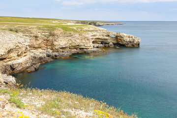 Cape Tarkhankut on the Crimean peninsula. The rocky coast of the Dzhangul Reserve in the Crimea....