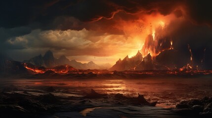 a volcanic eruption in a desolate, landscape