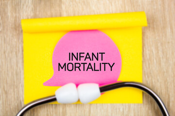 INFANT MORTALITY inscription with stethoscope. Infant mortality medical concept.