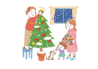 クリスマスツリーの飾り付けをしている3人家族と猫のイラスト