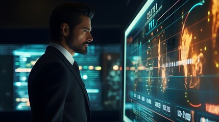 business man in Room of infographic hud panel futuristic concept