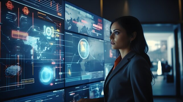 business woman in Room of infographic hud panel futuristic concept