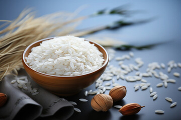 rice grains in bowl on the blue background use for NATIONAL FRIED RICE DAY