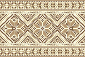 flower embroidery on cream background. ikat and cross stitch geometric seamless pattern ethnic oriental traditional. Aztec style illustration design for carpet, wallpaper, clothing, wrapping, batik.