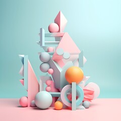 3D Geometric shapes in pastel background 