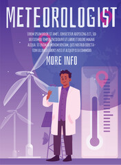 Scientist meteorologist on poster, vector illustration, cartoon flat - obrazy, fototapety, plakaty