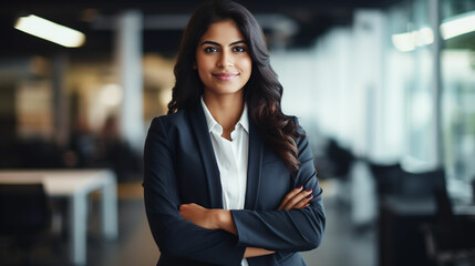 Young confident smiling Indian business woman leader, successful entrepreneur, professional company executive ceo manager, wearing suit standing in office with arms crossed. made with generative ai