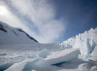 Beautiful view of icebergs in Antarctica on a sunny day.