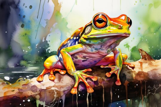 watercolor frog frog illustration with splash watercolor textured background unusual illustration watercolor frog